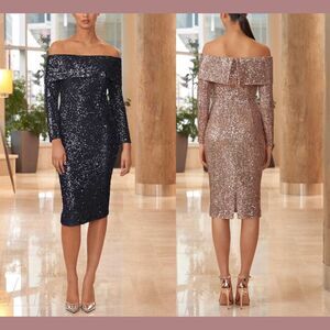NWT $550 Alexander by Daymor [ 2 ] Off Shoulder Long Sleeves Dress Navy‎ G1961